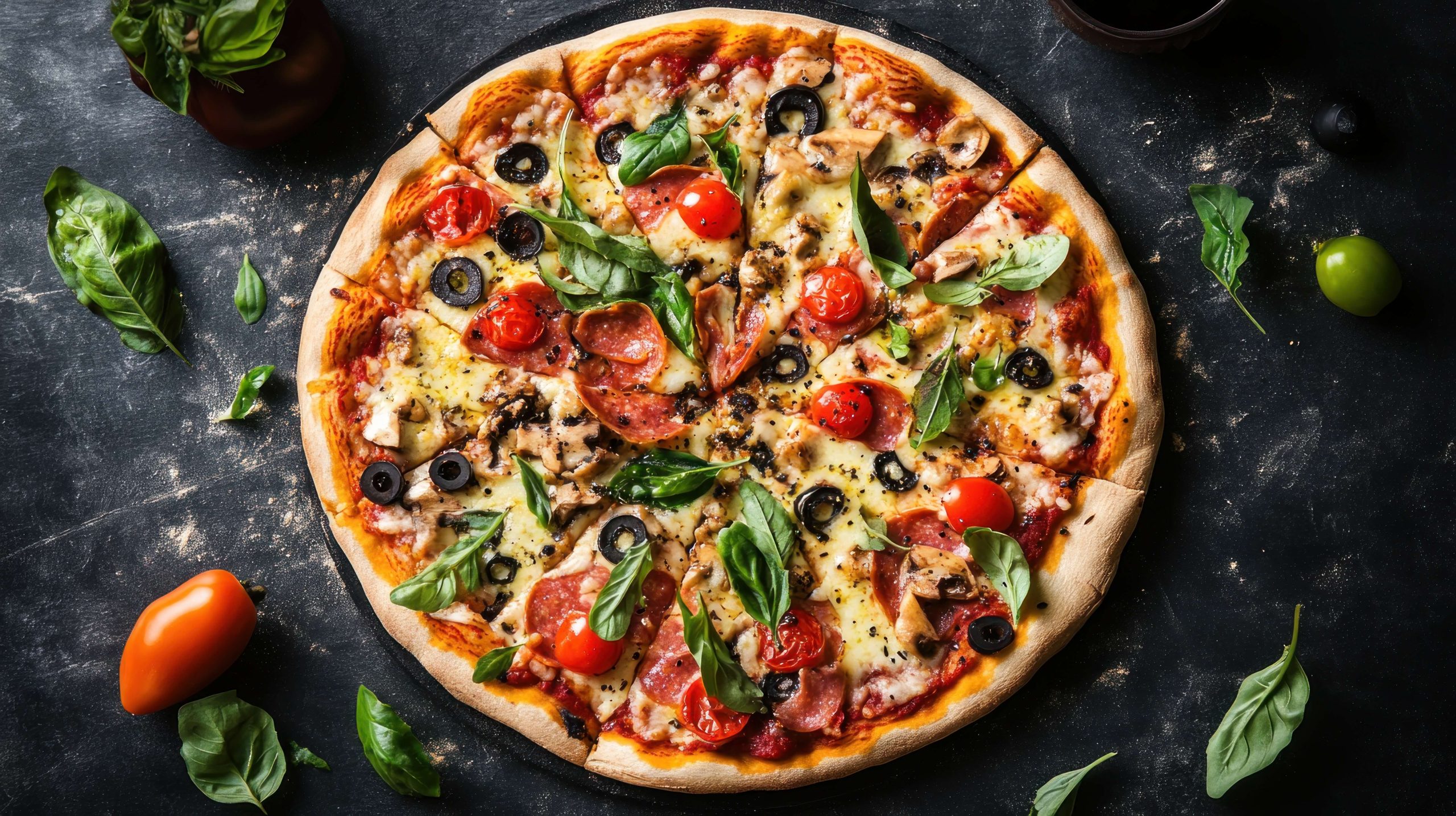 freshly-baked-pizza-with-pepperoni-mushrooms-olives-basil